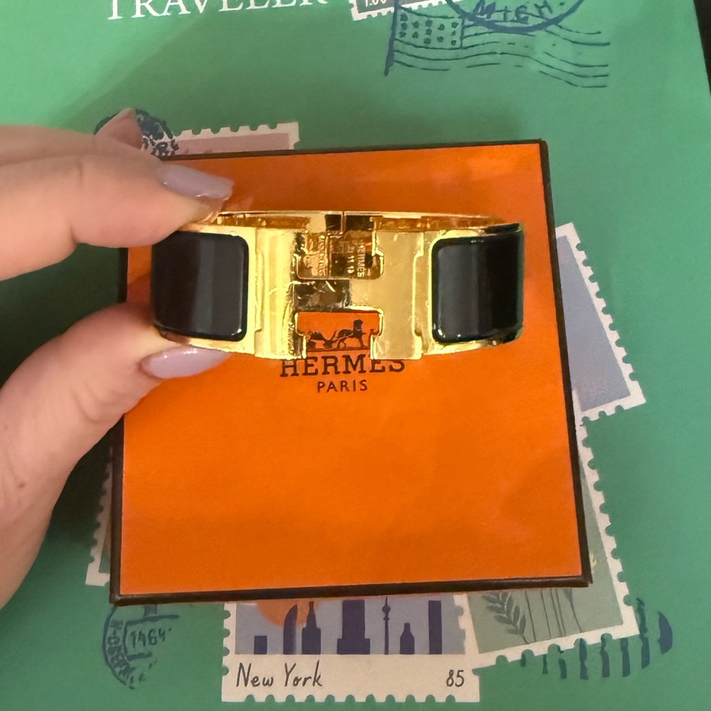 Hermès Black and Gold Enamel Cuff Bracelet